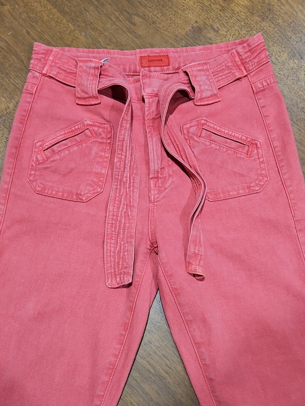MOTHER High-Rise Coral Pink Tie-Waist Jeans